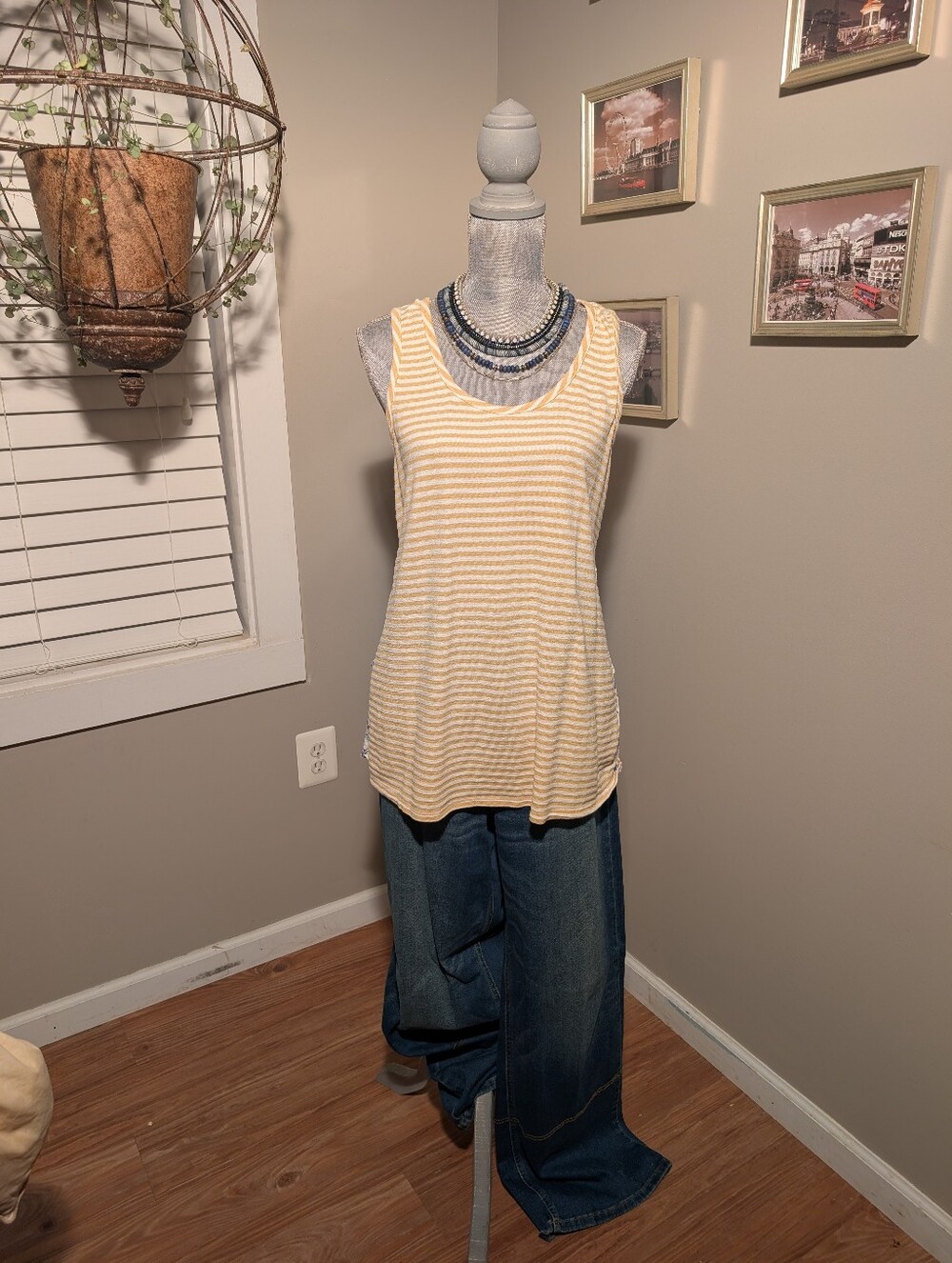 Doe & Rae Women's Cream & White Striped Tank Top With Ruffle Back